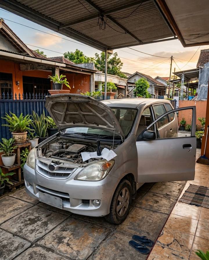 Mobil bekas dengan kap mesin terbuka, siap diperiksa